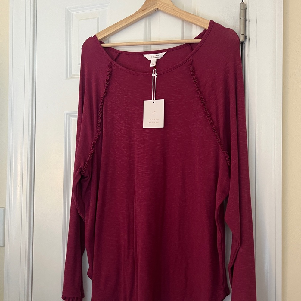 NWT LT Lauren Conrad Women's Long-Sleeve Ruffle Trim Top - Wine Chalet